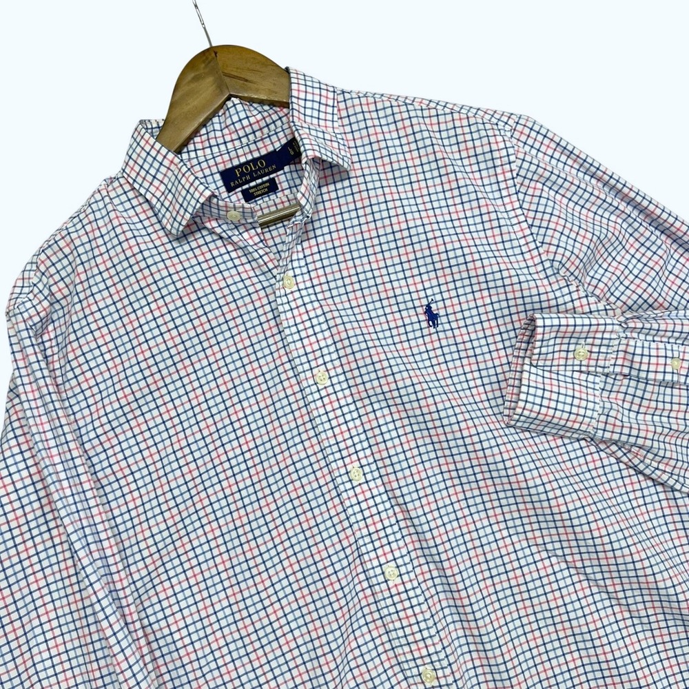 Polo Ralph Lauren Mens Large Stretch Cotton Tattersall Check Shirt Blue Pink L